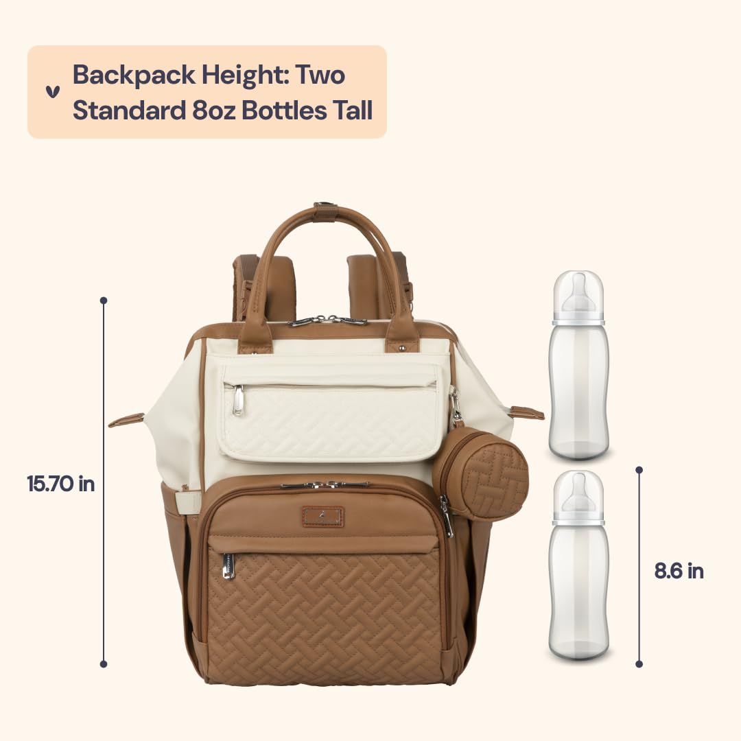 BabbleRoo Leather Diaper Bag Backpack, Multifunction Large Bags with Changing Pad & Stroller Straps & Pacifier Case, Unisex Stylish Travel Back Pack Nappy Changing Bag for Moms Dads (Caramel Cream)