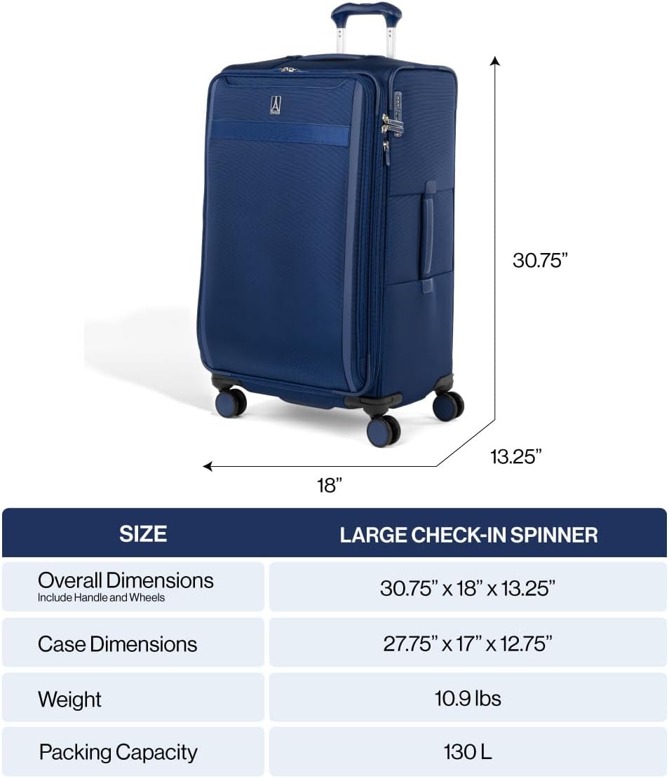 Travelpro VersaPack+ Lightweight Softside Expandable Checked Luggage, 8 Spinner Suitcase, TSA Lock, Men and Women, Checked Large 29-Inch, Elemental Blue