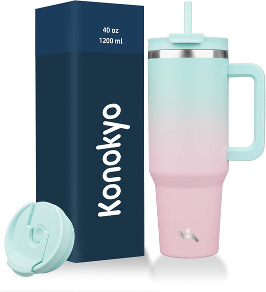 40 oz Tumbler with Handle and 2 Straws,2 in 1 Lid Insulated Water Bottle Stainless Steel Travel Coffee Mug,Gum