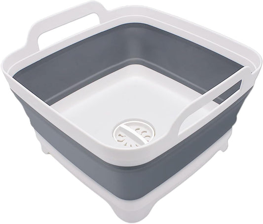 2.4 Gal(9L) Collapsible Dish Basin with Drain Plug - Multiuse Foldable Wash Basin for Baby Bottles, Space-Saving Multiuse Dish Tub, Kitchen Sink for Camping, Dishes Washing, RV (Gray)