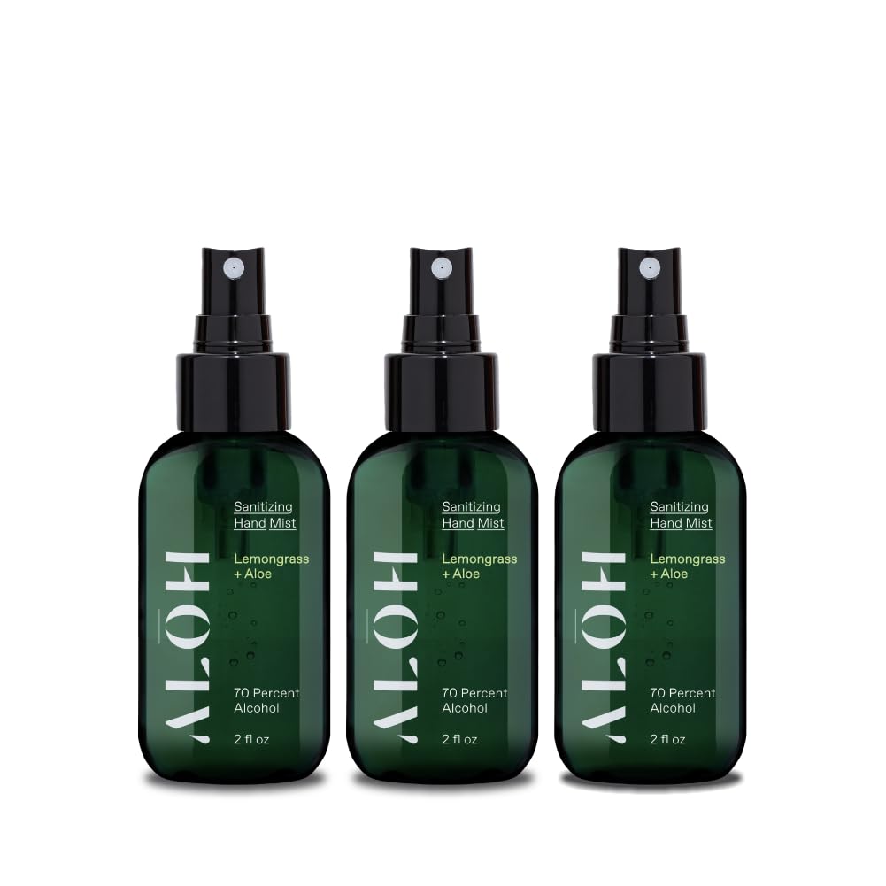 ALOH Hand Sanitizer Spray Liquid 3-pack | Lemongrass | 70% Alcohol Hydrating Hand Sanitizer Spray with Essential Oil, for Kids & Adults | 2oz Travel Size Bottle