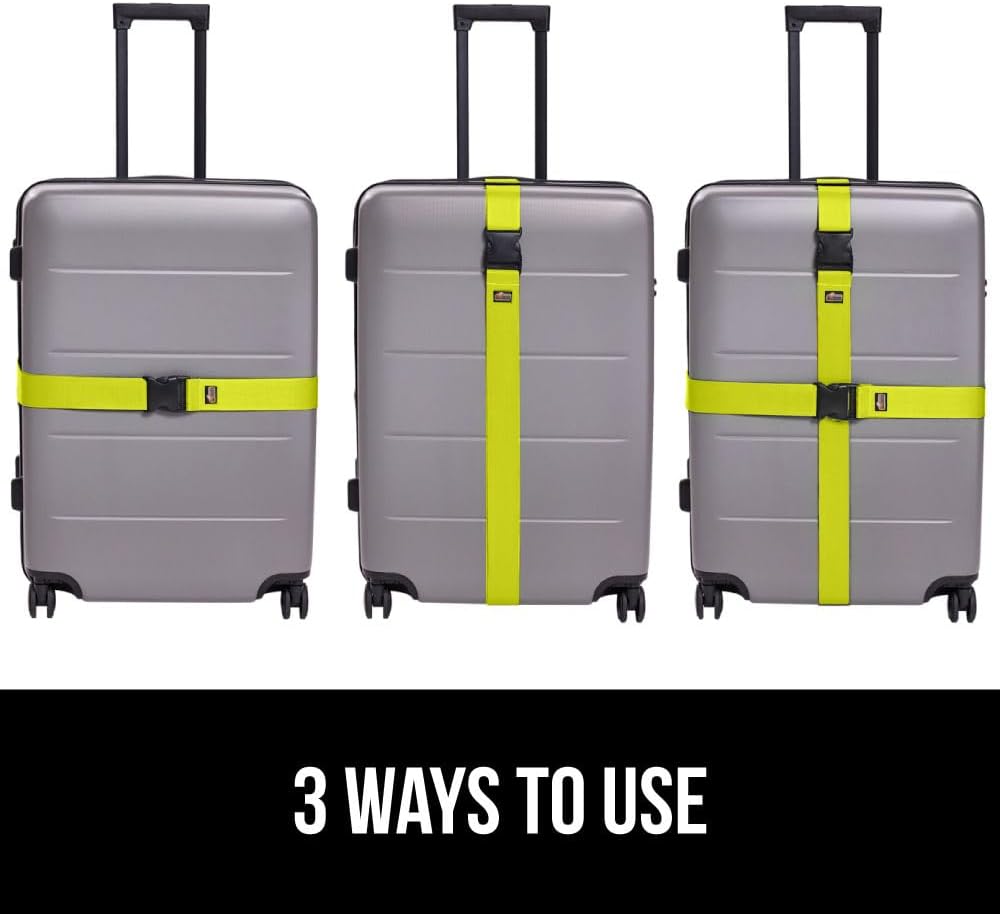 GORILLA GRIP Heavy Duty 4 Pack Adjustable Luggage Straps for Suitcases, Easy to Identify Travel Belt Connector Holds Suitcase Together, Extends Life of Bag, Strap Connects Two Bags, Accessories Yellow