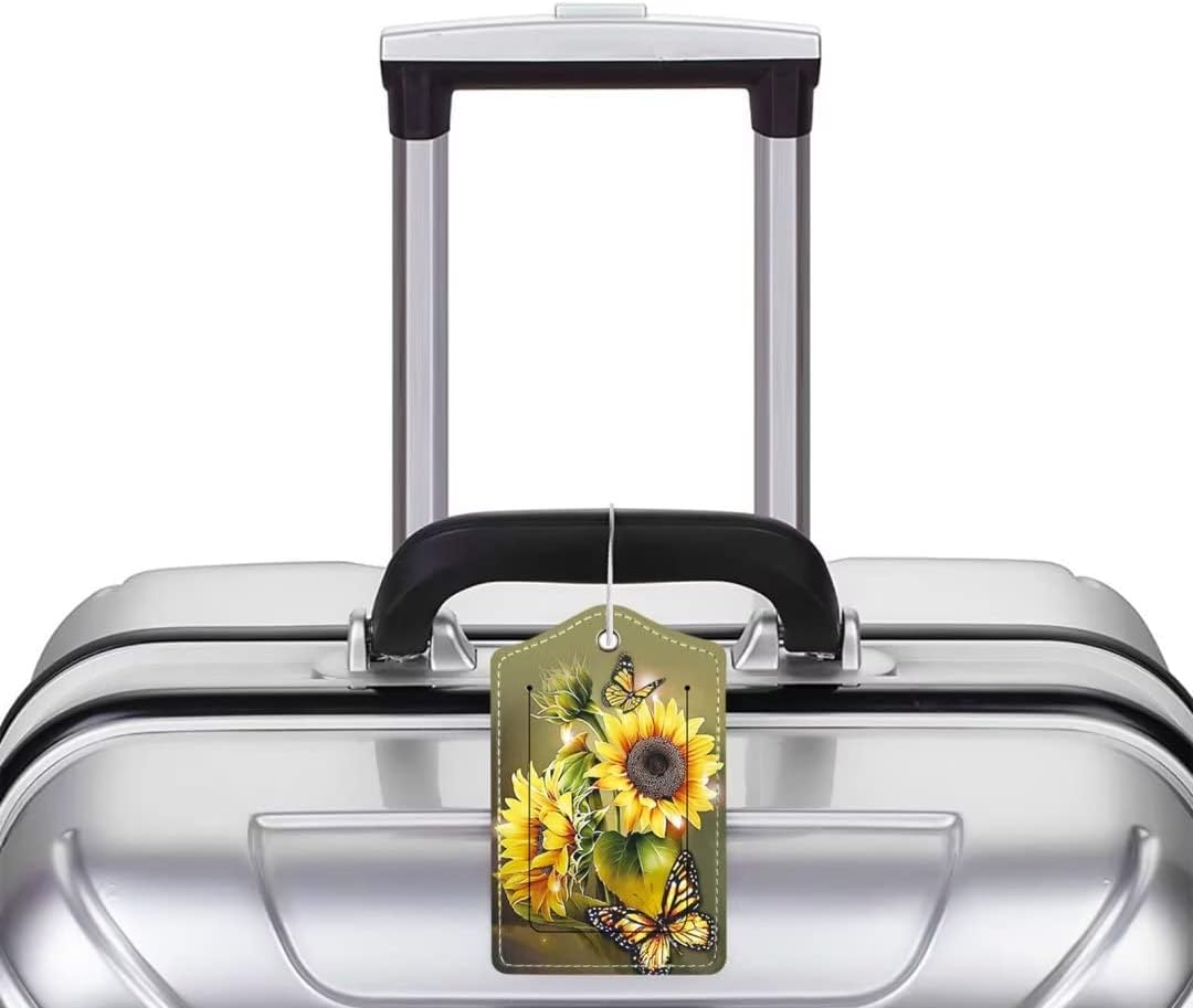 2 Pack Luggage Tag for Suitcase, Cute Unique Leather Bag Tags Identifiers Privacy Cover ID Label with Durable Steel Loop for Women Men Kids Girls Travel, Sunflower