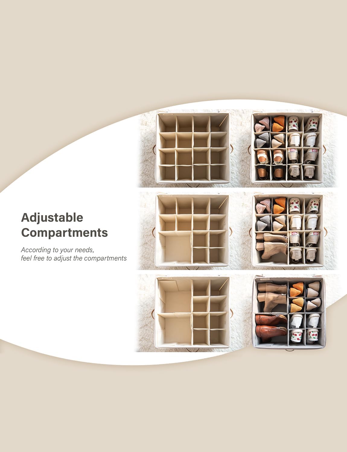 StorageWorks Shoe Organizer for Closet, Fits up to 24 Pairs, Shoe Cubby Storage Containers with Adjustable Dividers and Clear Cover, Mixing of Brown & Beige