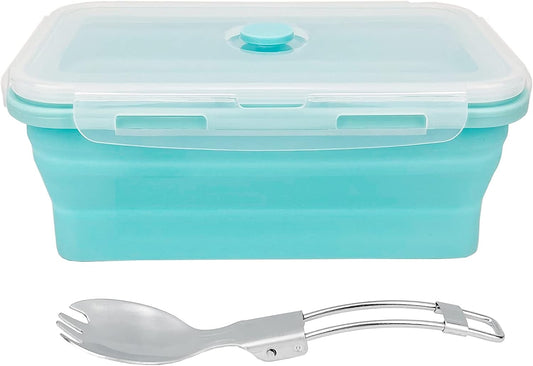 CARTINTS Large Collapsible Camping Food Containers, 1200ml Silicone Lunch Container, Microwave Safe Reusable Meal Prep Container For Indoor&Outdoor Kitchen With Foldable Spoon, Blue