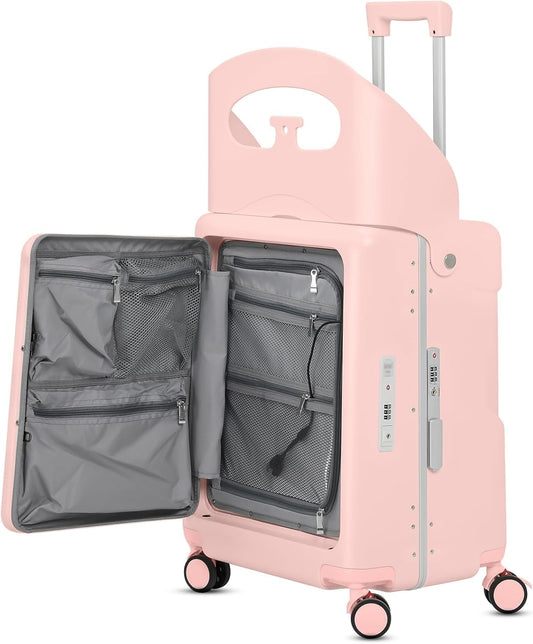 20" Carry-On Luggage with Seat for Kids & Adults, Lightweight Hardside Ride-On Suitcase with Front Opening, TSA Lock, 360° Spinner Wheels (Pink, 20-inch)