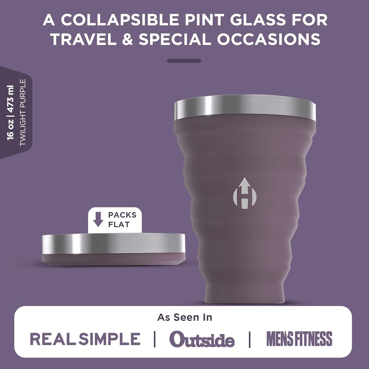 HYDAWAY 16oz Collapsible Pint - BPA-Free Silicone Cup with Stainless Steel Rim - Reusable, Packable, and Durable for Camping, Travel & Everyday Use