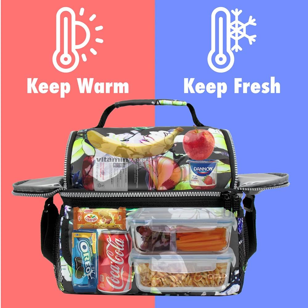 opux Lunch Bag Women Insulated, Adult Lunch Box Cooler, Flower Lunch Box, Dual Compartment Lunchbox for Work, Leakproof Double Decker Lunch Bag, Soft Lunch Pail Tote Girls Kids School, Floral Gray