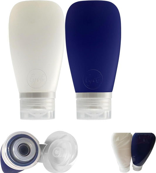 Travel Bottles for Toiletries, TSA Approved 3oz Leak Proof Silicone Refillable Squeeze Travel Size Containers BPA Free for Cleansers, Lotions, Shampoo 2pk (Navy Blue-White)