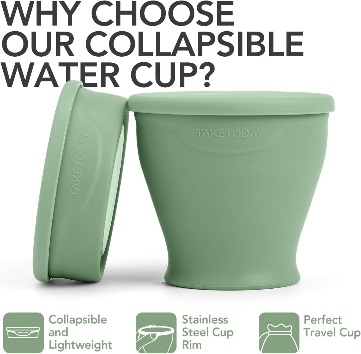 TakeToday Collapsible Travel Cup - Silicone Foldable Water Cup, BPA-Free with Lid & Waterproof Bag - Drinking Cup Set for Office, Camping & International Travel（8 Oz, Green）