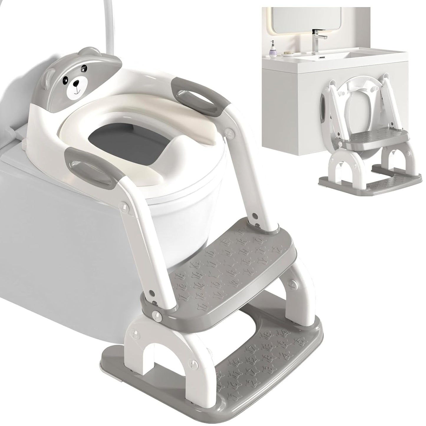 Potty Training Seat for Toddlers - Upgrade 2-in-1 Toilet Seat Toilet Ladder for Kids Children Boys Girls, Anti-Slip Pad & Adjustable Height with Waterproof PVC Cushion - Grey