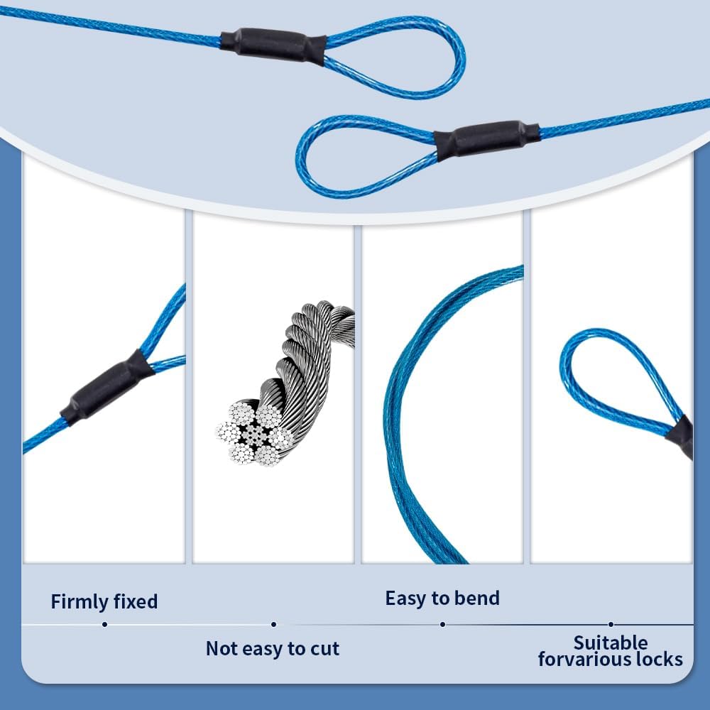 3.3mm (1/8 Inch) Outdoor Travel Stainless Steel Security Cable-4ft Luggage Lock Safety Wire Flexible Steel Wire Rope with Double Loop Safety for Luggage, Bike, Lock(Black+Blue, 4ft-(2Pack)