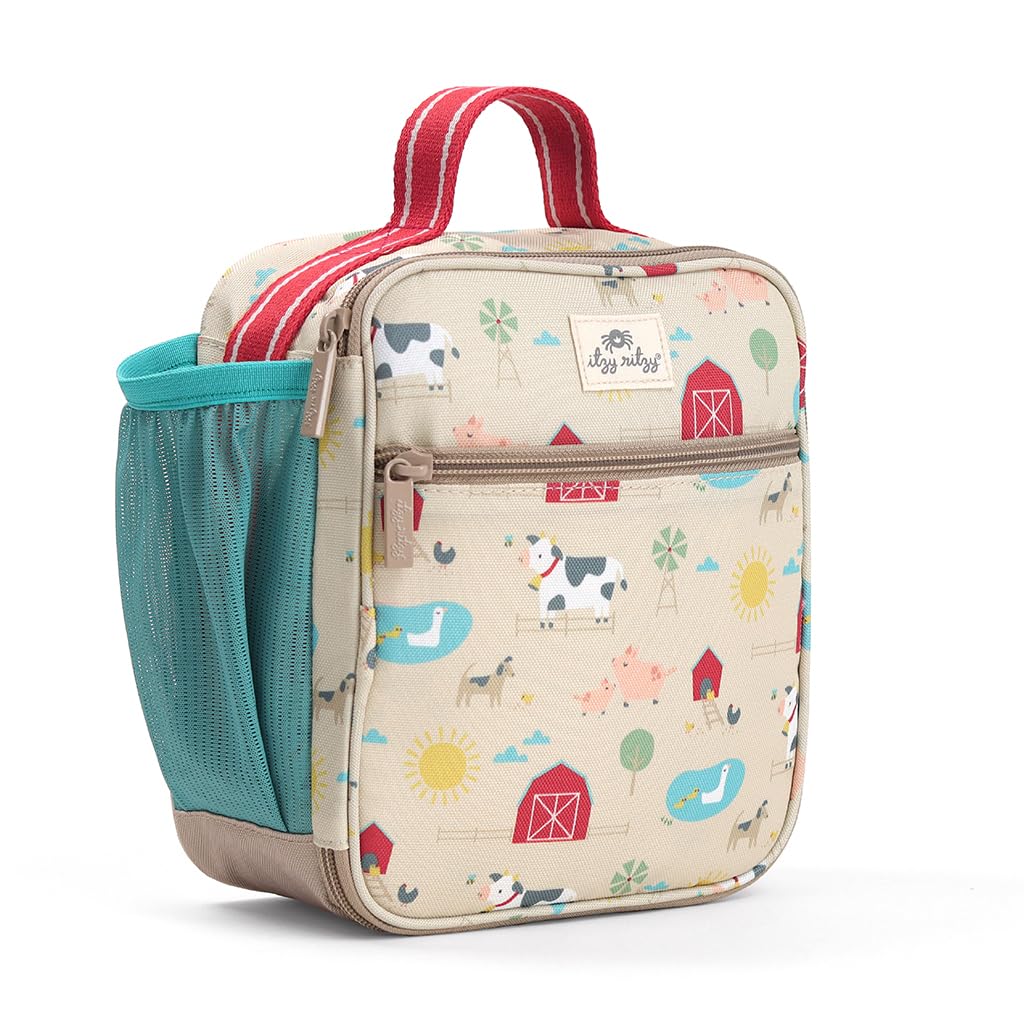 Itzy Ritzy Toddler Lunch Box - Kids Lunch Bag is Insulated and Includes Water Bottle Holder Plus 2 Pockets - Durable, Easy to Clean Toddler Bag (Farm)