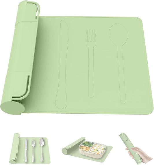 Utensil Box, Tableware Silicone Portable Box Silverware mat, Suitable for Kitchen Utensils, Portable Outdoor Camping Spoon Fork Utensils Storage mat (Green)