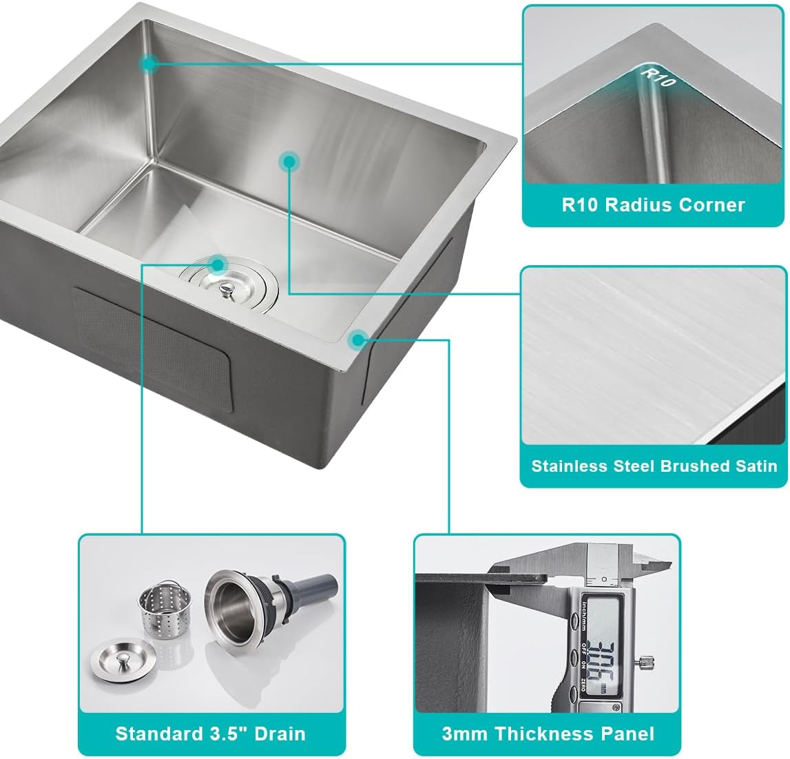 24 inch Undermount Kitchen Sink, 24 x 18 inch Single Bowl Stainless Steel Handmade Undermount Kitchen Sink with Sink Strainer, Brushed