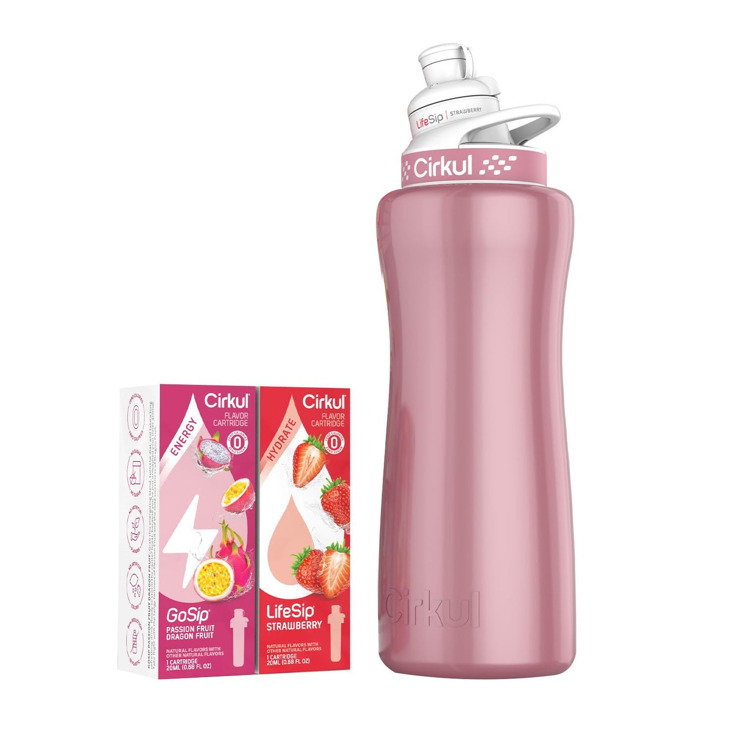 Cirkul 32oz. Rose Gold Stainless Steel Water Bottle Starter Kit with Rose Gold Lid and 2 Flavor Cartridges (1 LifeSip Strawberry, 1 GoSip Passion Fruit Dragon Fruit) No Sugar, Zero Calorie Drink Mix