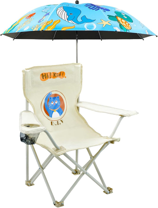 Kids Beach Folding Camping Chair - Kids Camping Chair with Outdoor Umbrella - Lightweight and Sturdy - for Beach Outdoor Camping Picnic (Blue)