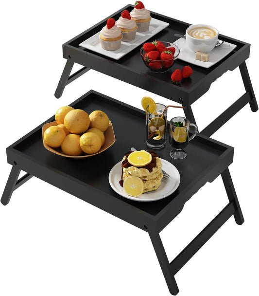 Bed Tray Table with Folding Legs,Bamboo Breakfast in Bed for Kitchen Serving Tray,Sofa,Eating,Used As Laptop Desk Snack Tray 2 Pack (Black)
