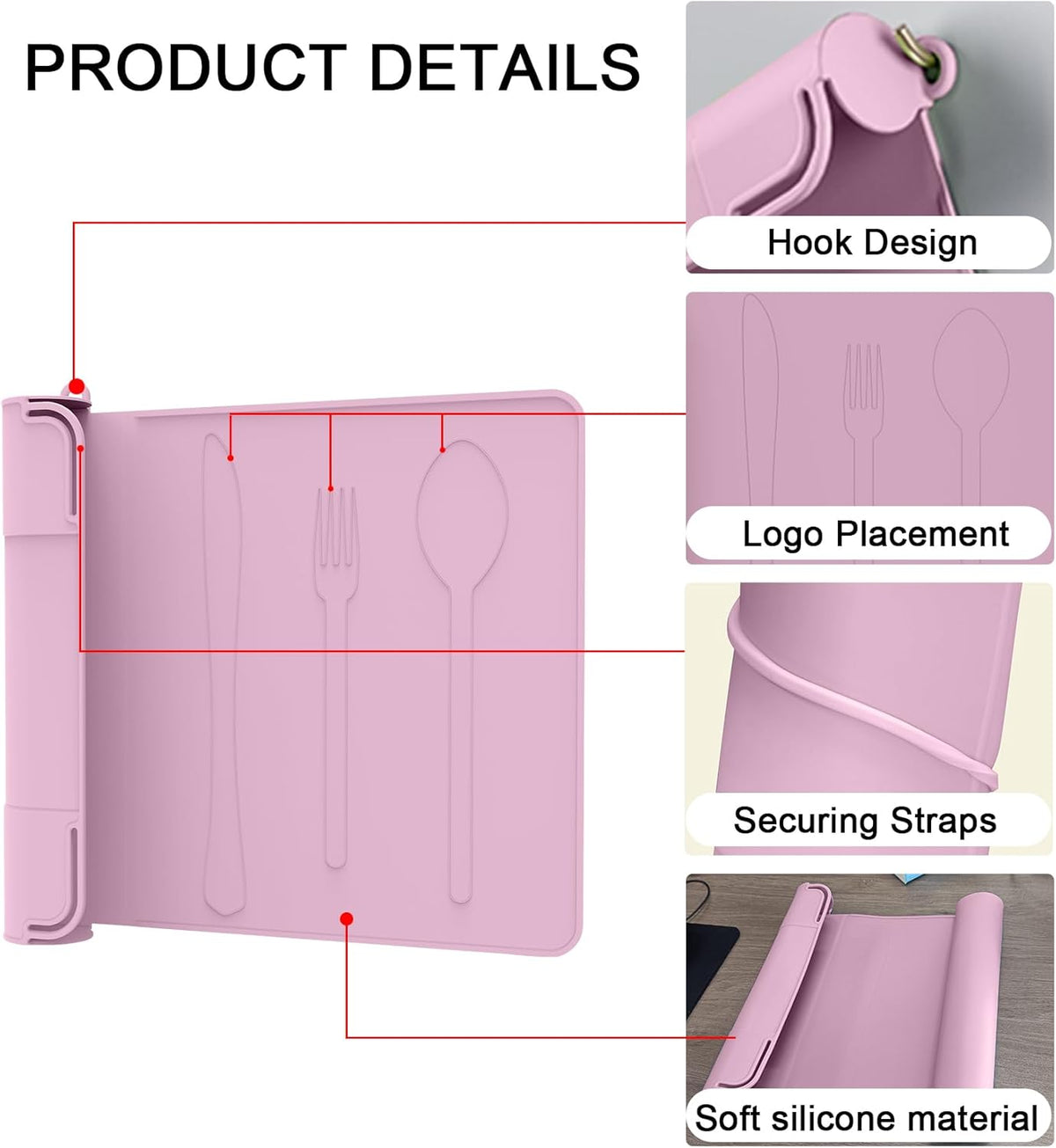 Utensil Box, Tableware Silicone Portable Box Silverware mat, Suitable for Kitchen Utensils, Portable Outdoor Camping Spoon Fork Utensils Storage mat (Pink)