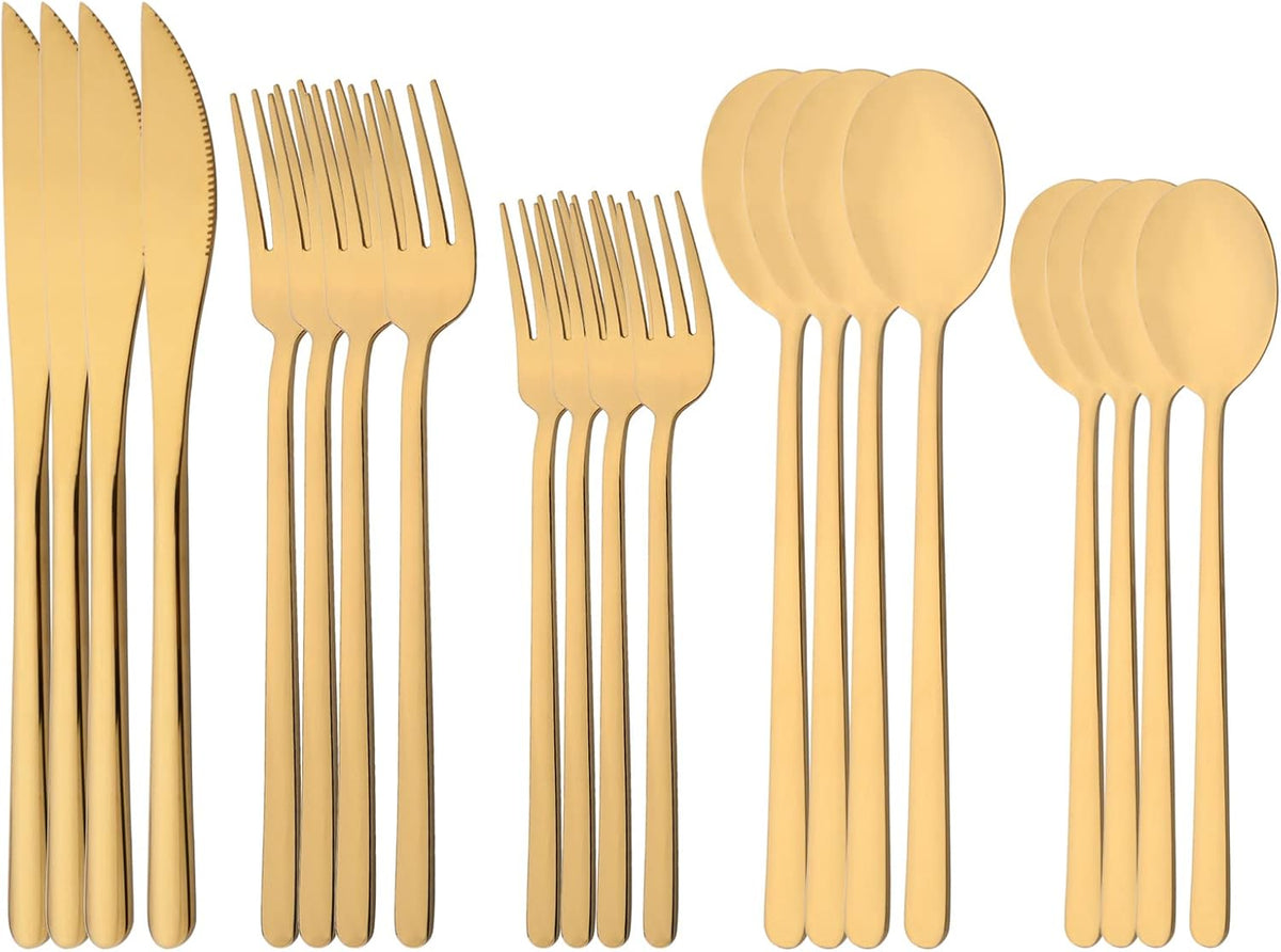 20 Pieces Silverware Set 304 Stainless Steel, Healthy & Eco-Friendly Silver Travel Mirror Polished Gold Knife Fork Spoon Salad Fork Dessert Spoon Flatware Set, Service for 4