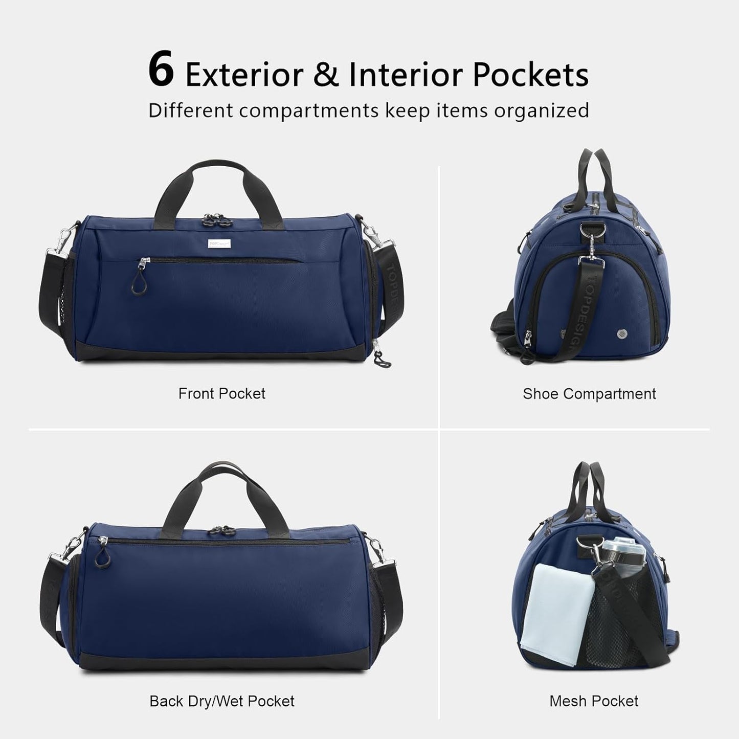 TOPDesign Gym Bag for Women & Men, Unisex Duffel Bag with Shoe Compartment & Wet Pocket for Travel Sports Gym (L Blue)