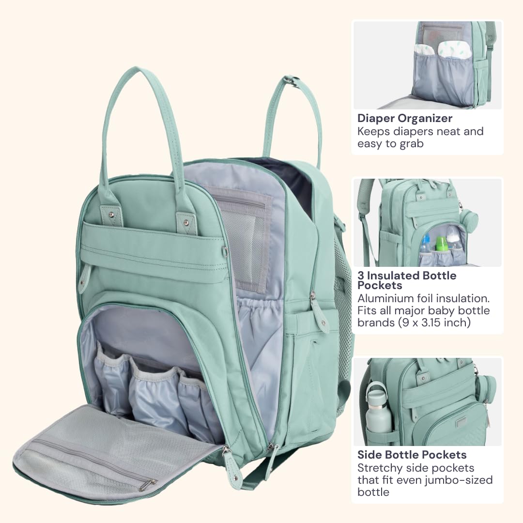BabbleRoo Diaper Bag Backpack - Baby Essentials Travel Bag - Multi Function Water Resistant Diaper Bag, Travel Essentials Baby Bag with Changing Pad, Stroller Straps & Pacifier Case – Sage Green
