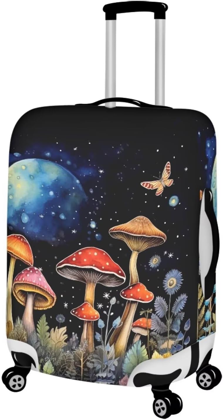 Butterfly Mushroom Print Travel Suitcase Cover Protector Elastic Zipper Closure Fit 30-32 Inch Luggage