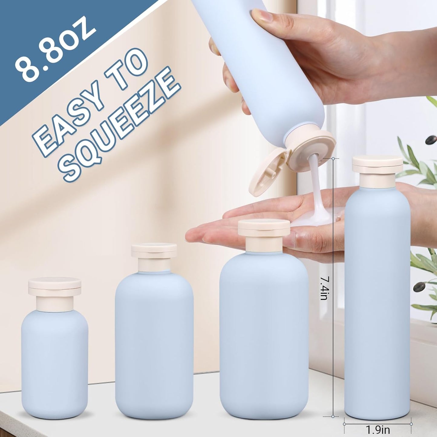 ASEVAT 8.8oz 4pack Refillable Travel Shampoo and Conditioner Bottles, Travel Size containers, Travel Bottle for toiletries, Squeeze Bottles with Flip Cap, Empty Plastic Leak Proof Travel Bottles