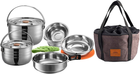 CAMPINGMOON Camping Cookware Set Stainless Steel Outdoor Nesting Cooking Mess Kit Pots Pans Bowls with Storage Carrying Tote Bag