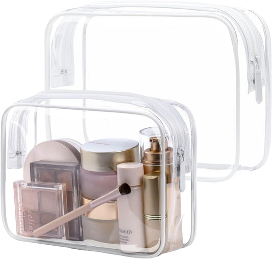 PACKISM TSA Approved Toiletry Bag - Clear Makeup Bags in 2 Size, Durable with Supporting Frame, Perfect for Travel Essentials, Carry-on Airport Airline Compliant Bag, White