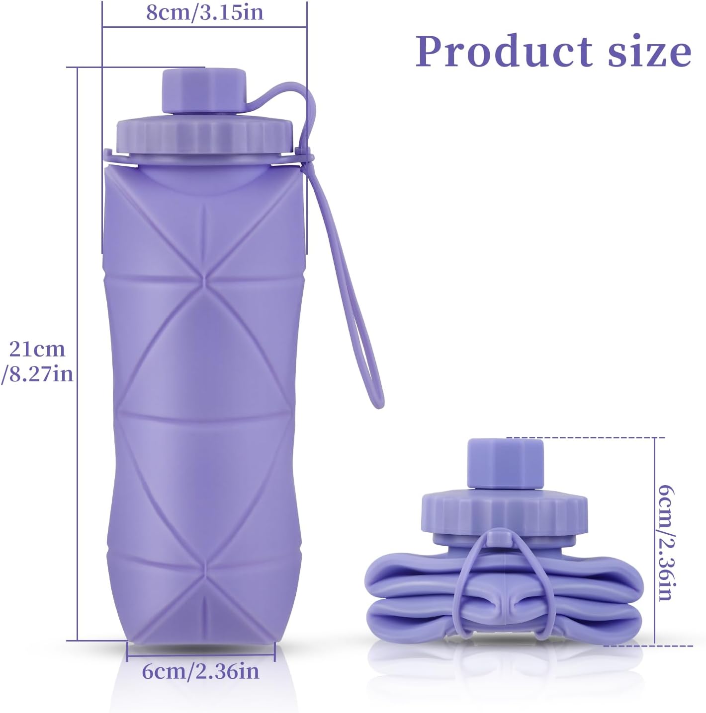 YCT Collapsible Silicone Travel Water Bottle 20oz (600ml), Reuseable Leakproof BPA Free Foldable Sports Bottle, with Carrying Strap, Blue