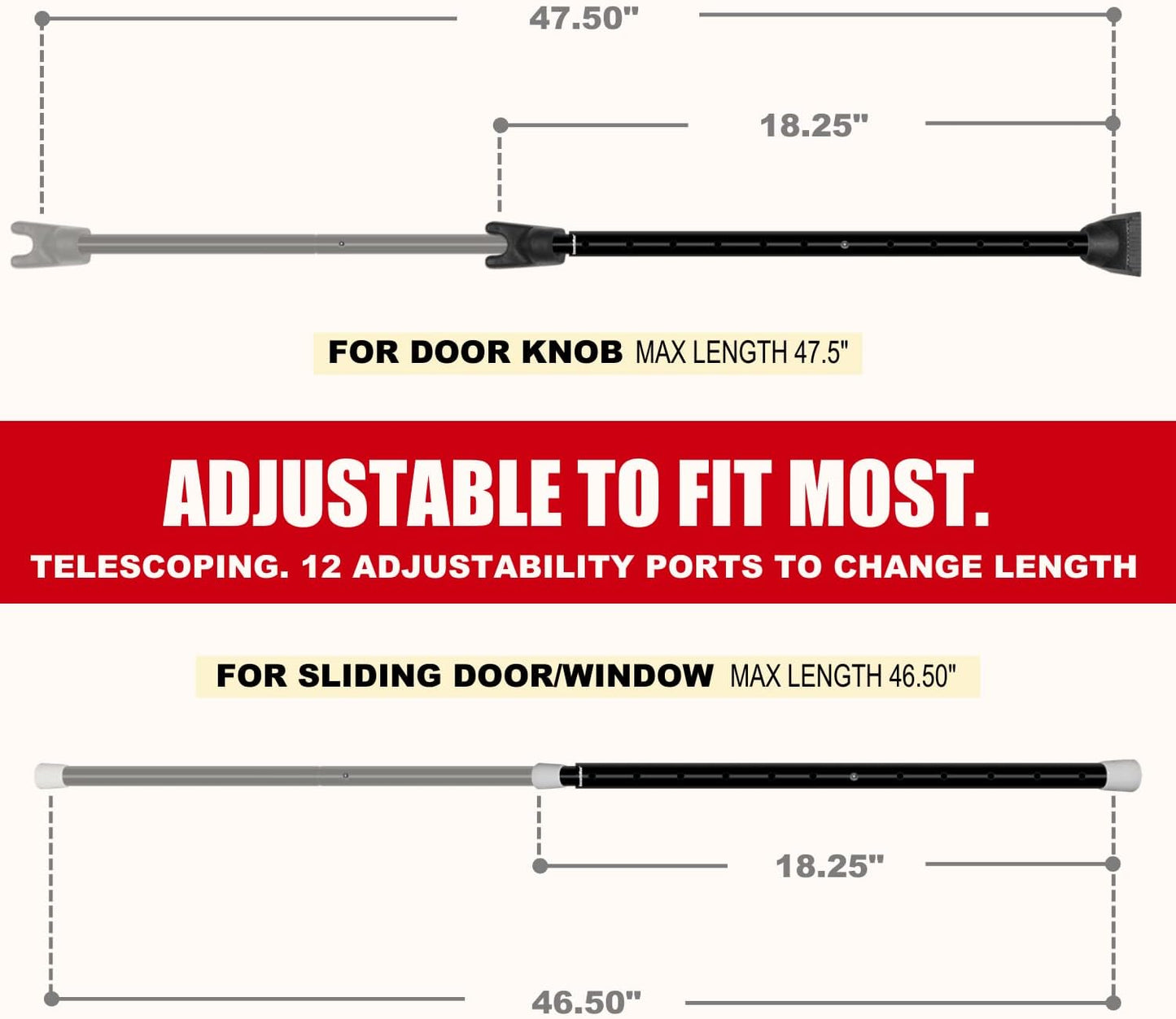 SECURITYMAN 2-in-1 Door Security Bar & Sliding Patio Door Security Bar (2 Pack) via Interchangeable Caps - Heavy Duty Iron Construction Door Stoppers Lock for Home, Apartment, Travel Hotel - Black