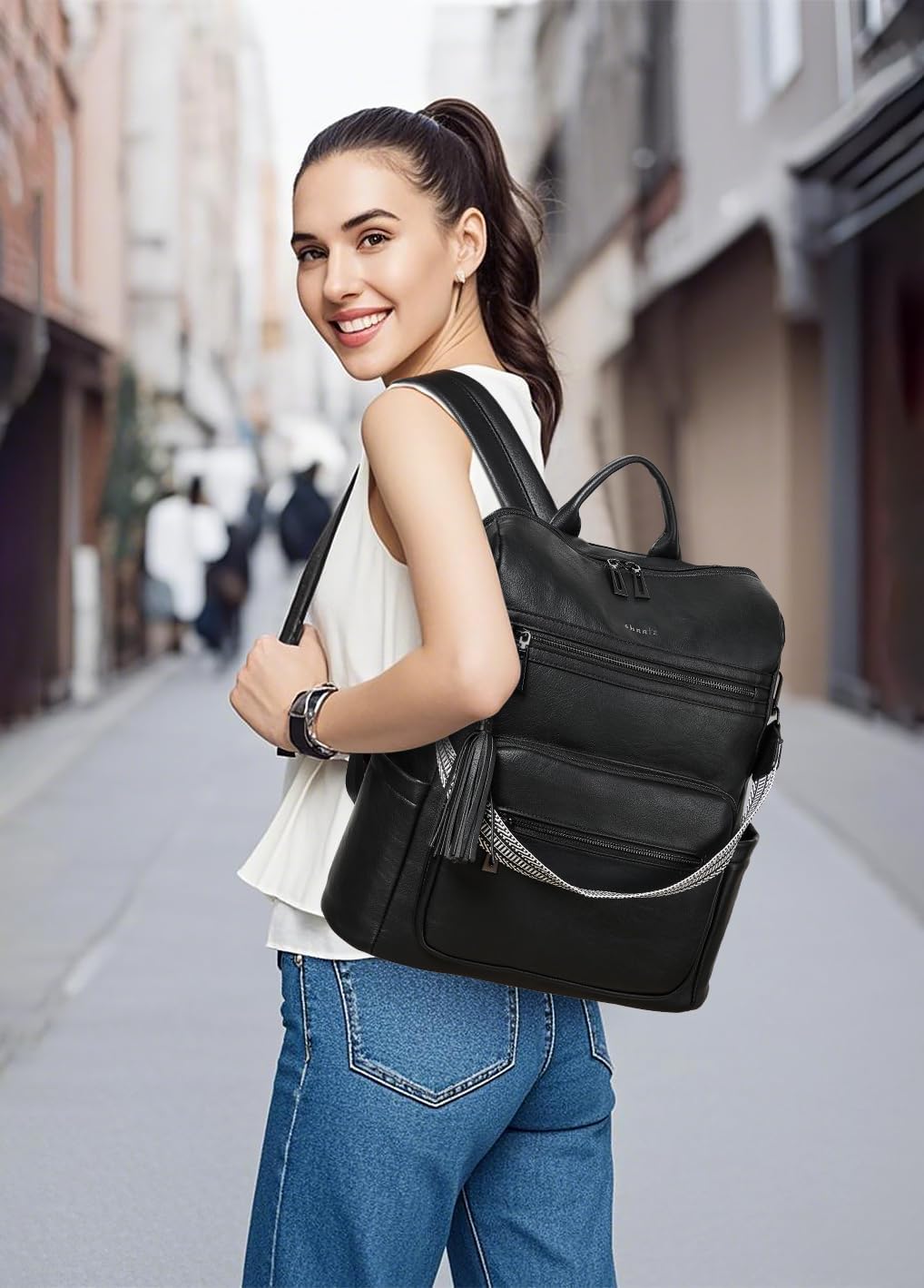 Shrrie 15.6 inch Laptop Backpack for Women,Large Leather Backpack Purse,Travel,Carry on,Water Resistant Casual Laptop Backpacks,College Backpack,Work Backpack for Women,Two-tone Black