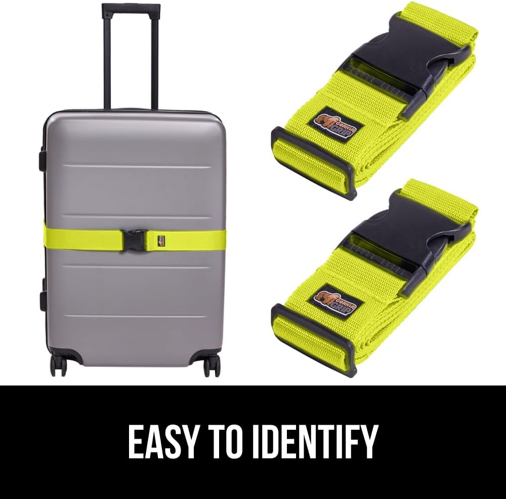 GORILLA GRIP Heavy Duty 4 Pack Adjustable Luggage Straps for Suitcases, Easy to Identify Travel Belt Connector Holds Suitcase Together, Extends Life of Bag, Strap Connects Two Bags, Accessories Yellow