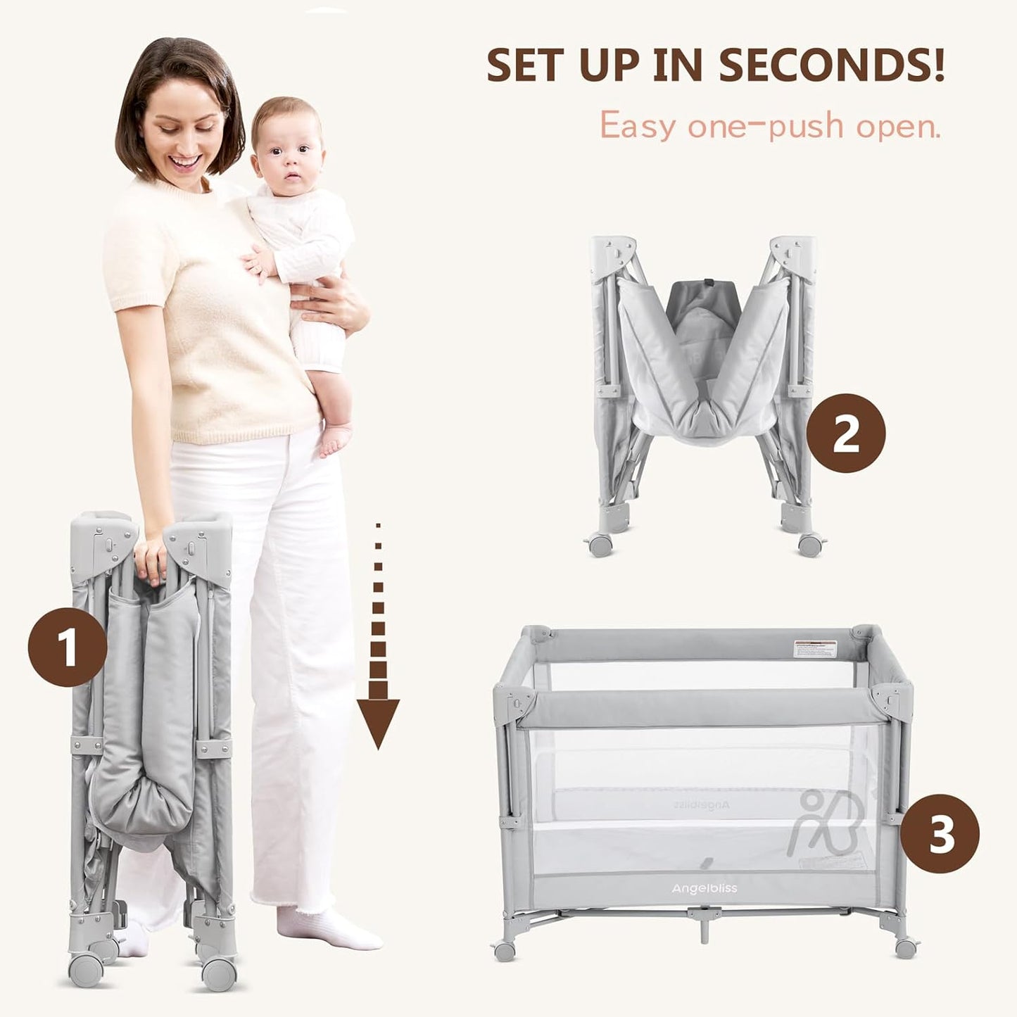 ANGELBLISS Baby Bassinet Bedside Crib, Pack and Play with Mattress, Diaper Changer, One-Push Setup Playards from Infants to Toddlers (Grey)