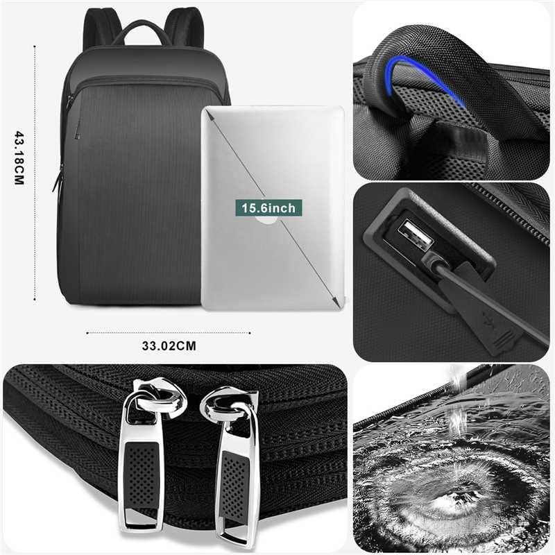 ZINMARK Slim Expandable 15 15.6 16 Inch Laptop Backpack Anti Theft Travel Business Durable Computer Bag, Multipurpose Large Capacity Daypack for Men And Women,Black