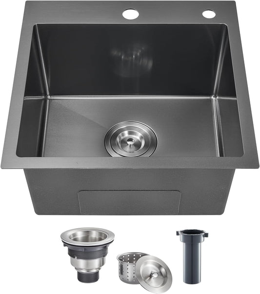 POPFLY 18×18 Inch Drop In Bar Prep Sink, 304 Stainless Steel Top mount Handmade Single Bowl Sink 9 Inche Deep Small Kitchen Sink with 2 Hole, Black