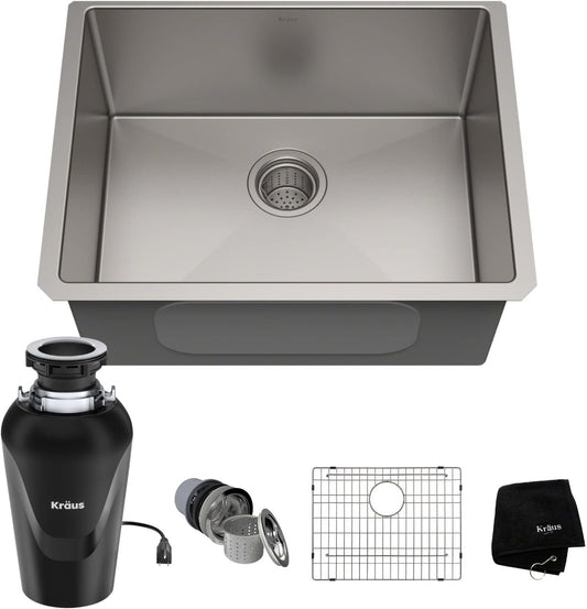 KRAUS Standart PRO™ 23-inch 16 Gauge Undermount Single Bowl Stainless Steel Kitchen Sink with WasteGuard™ Continuous Feed Garbage Disposal, KHU101-23-100-75MB
