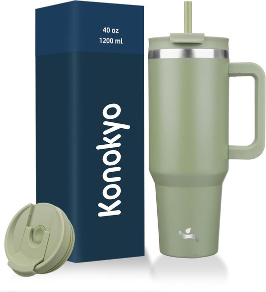 40 oz Tumbler with Handle and 2 Straws,2 in 1 Lid Insulated Water Bottle Stainless Steel Travel Coffee Mug,Army Green