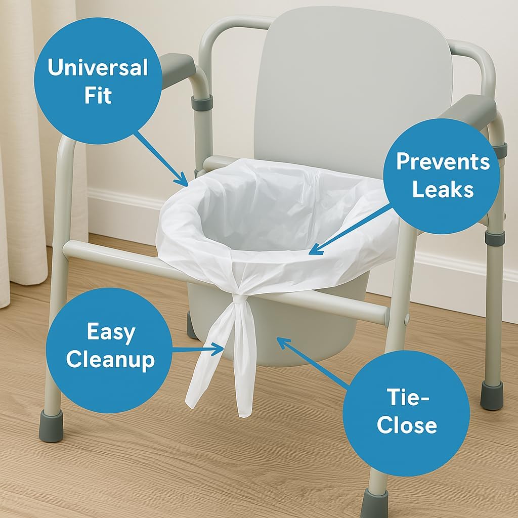 Disposable Commode Liners – 50 Count Universal Fit Toilet Liners for Bedside Commodes, Camping, Travel & More – Leak-Proof, Easy-Tie Bags