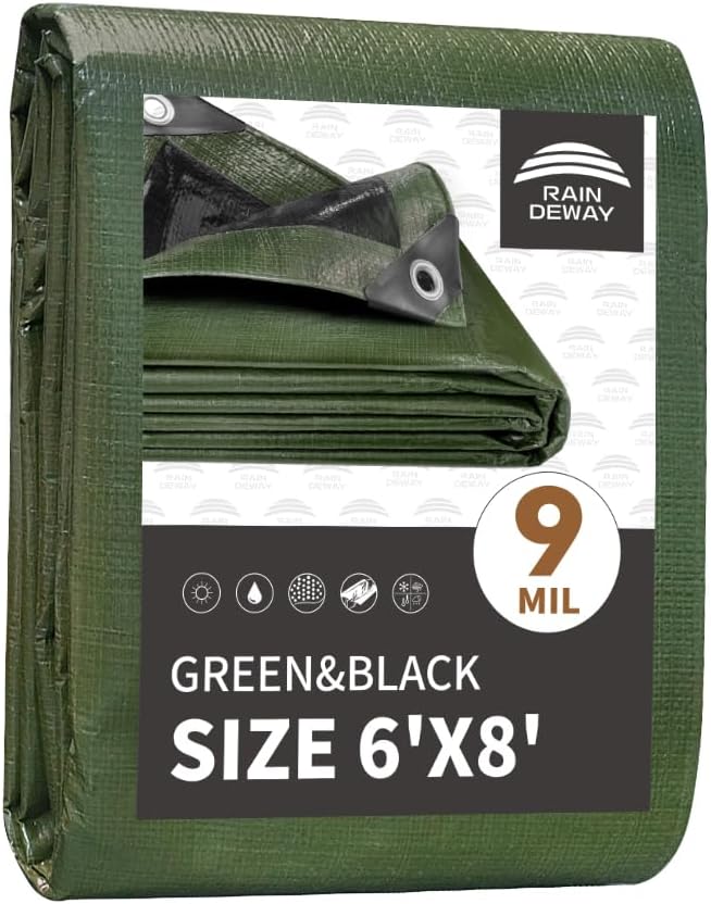 6x8 Feet Tarp Waterproof,Small Tarps,9Mil Thick,Finished Size Tarps,UV Resistant,Durable,Multipurpose Poly Tarp Cover with Metal Grommets and Reinforced Edges,Green/Black by RAINDEWAY