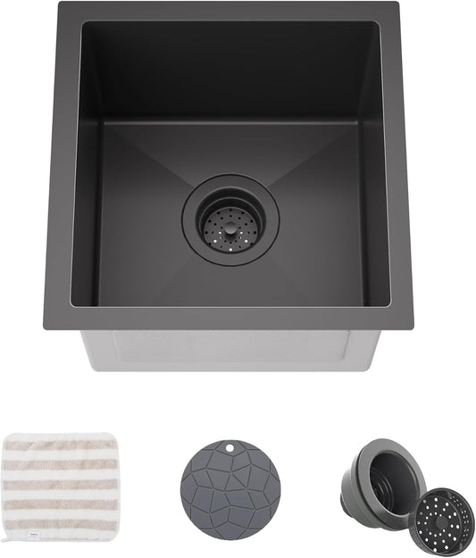 TORVA 14 x 14 Inch Gloss Black Undermount Kitchen Sink, PVD Coated Gunmetal Sink，16 Gauge T-304 Stainless Steel Single Bowl Wet Bar or Prep Sink with Zero-Radius Corners, Dark Grey