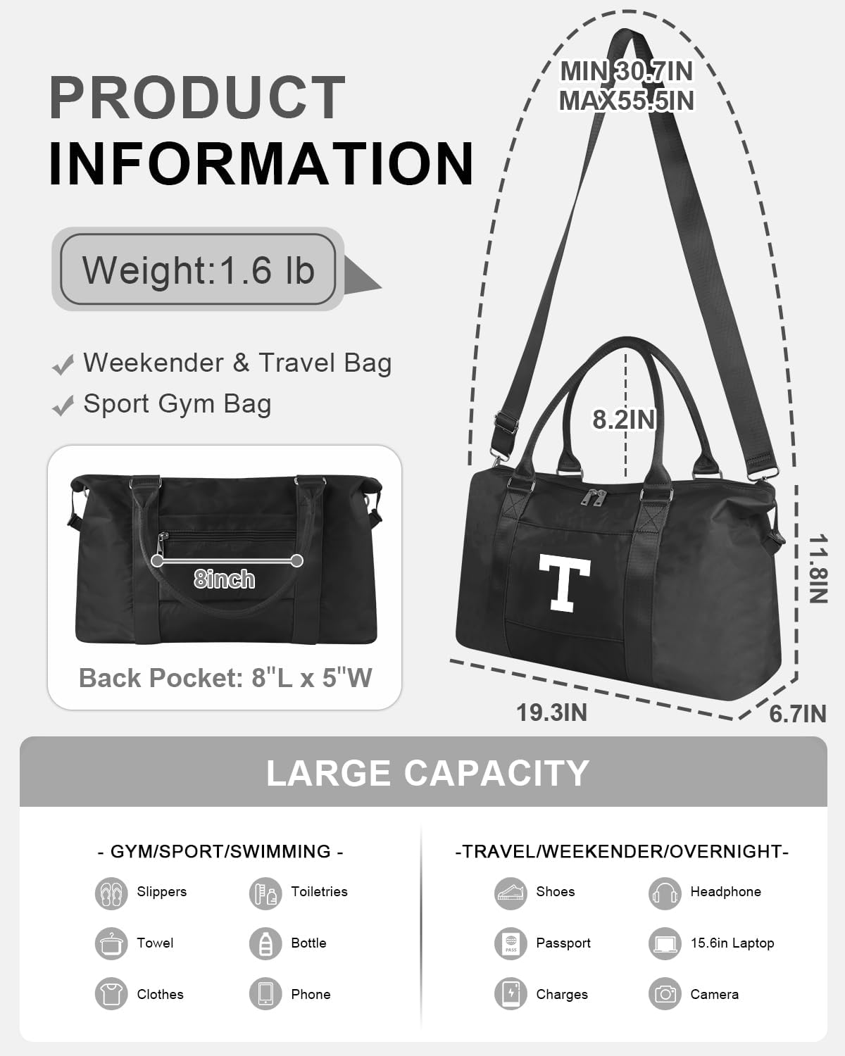 Initial Travel Duffel Bag Sports Gym Bag for Boys Teen Birthday Gifts,Black Personalized Weekender Bag Carry On Tote Bags for Men,Waterproof Overnight Luggage Bag Airplane Travel Essentials(Letter T)