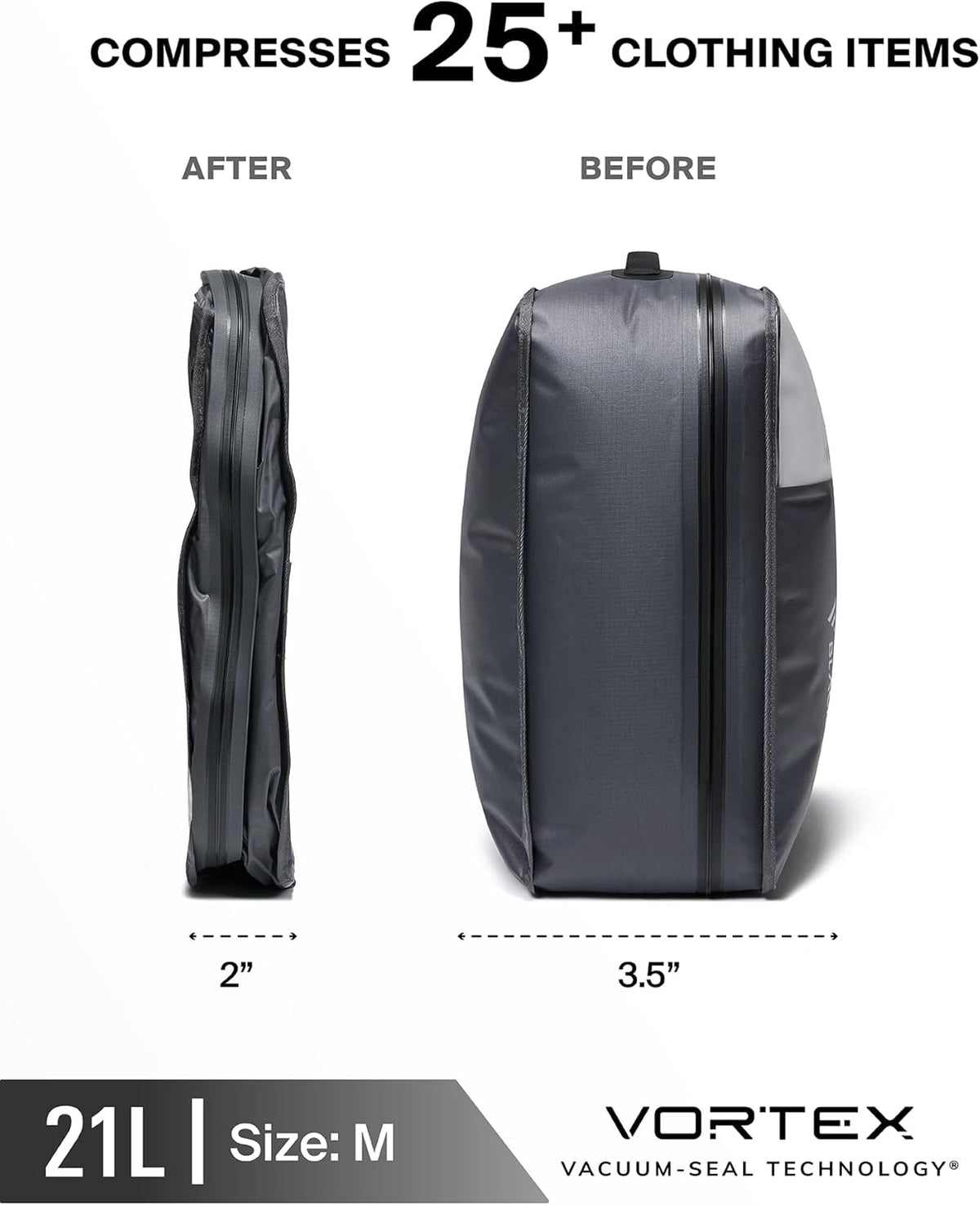 Black Voyage Reusable Vacuum Compression Travel Bag for Carry-On Suitcase and Backpack, Recycled IP67 Waterproof Space Saver Vacpack (2-Pack, 21L - Pump Included)