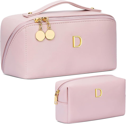 Birthday Gifts for Women Teen Girl, Personalized Initial Makeup Organizer Bag Set, Open Flat Travel Cosmetic Bag With Clear Divider and Handle(Pink,D)