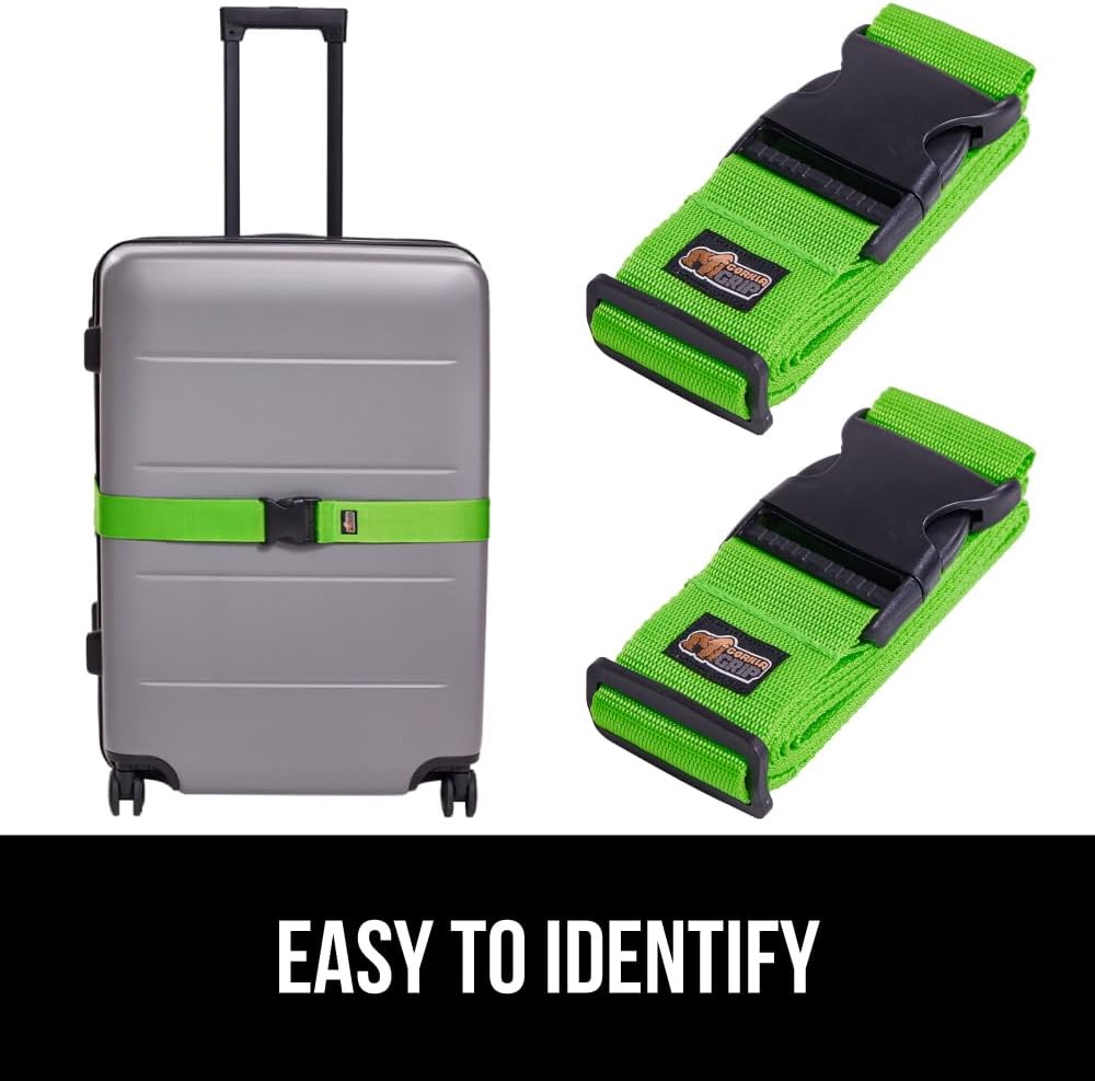 GORILLA GRIP Heavy Duty 8 Pack Adjustable Luggage Straps for Suitcases, Easy to Identify Travel Belt Connector Holds Suitcase Together, Extends Life of Bag, Strap Connects Two Bags, Accessories Green