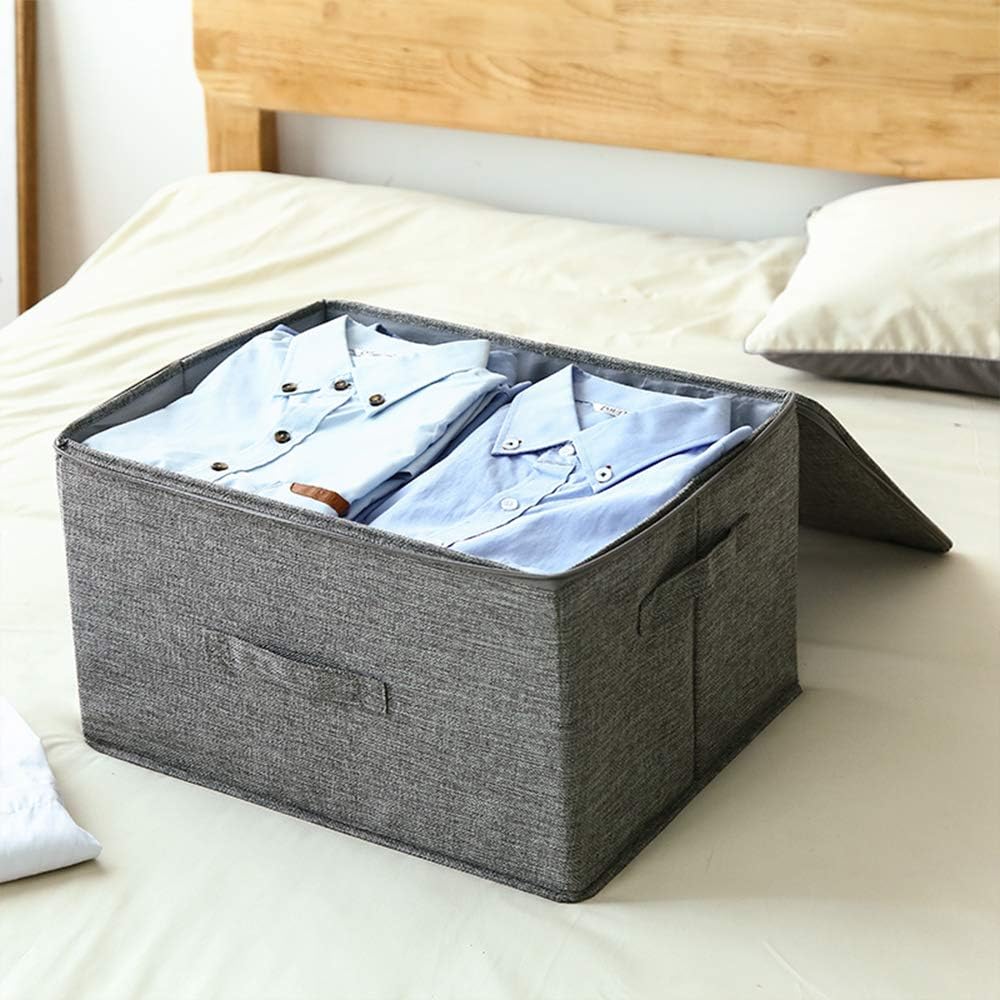 ANMINY 3PCS Storage Bins with Zipper Lids 36 Qt Lidded Fabric Storage Boxes Baskets Cubes with Handles Collapsible Washable Cotton Linen Closet Shelf Clothes Organizer Containers - Gray, Large