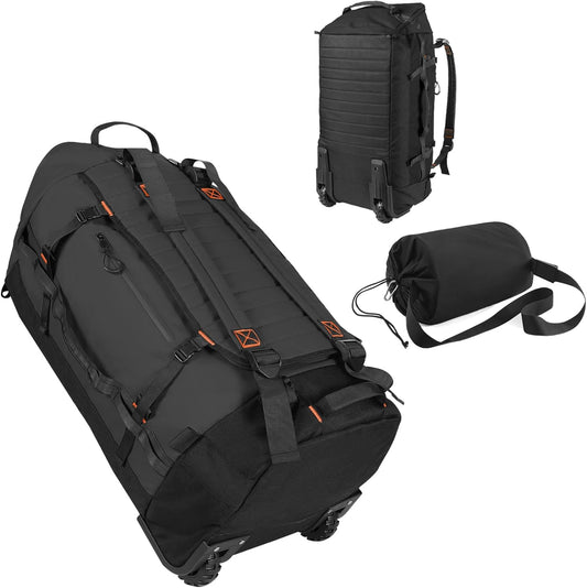 85L 29“ Foldable Rolling Backpack with Wheels, Soft-Side Travel Duffle Bag with Separate Shoe Compartment, Full Quilted Bottom, Black