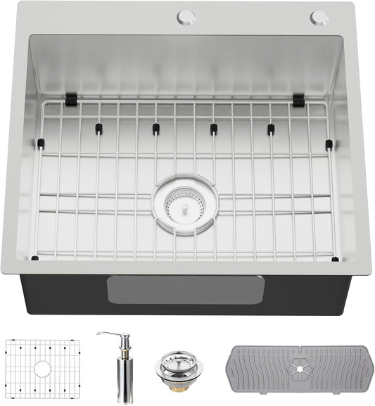 Stainless Steel Drop In Kitchen And Bar Sink - 25x22 Inch Single Bowl Topmount Bar Sink Come With SS Grid,Silicon Mat,Drain Strainer Set