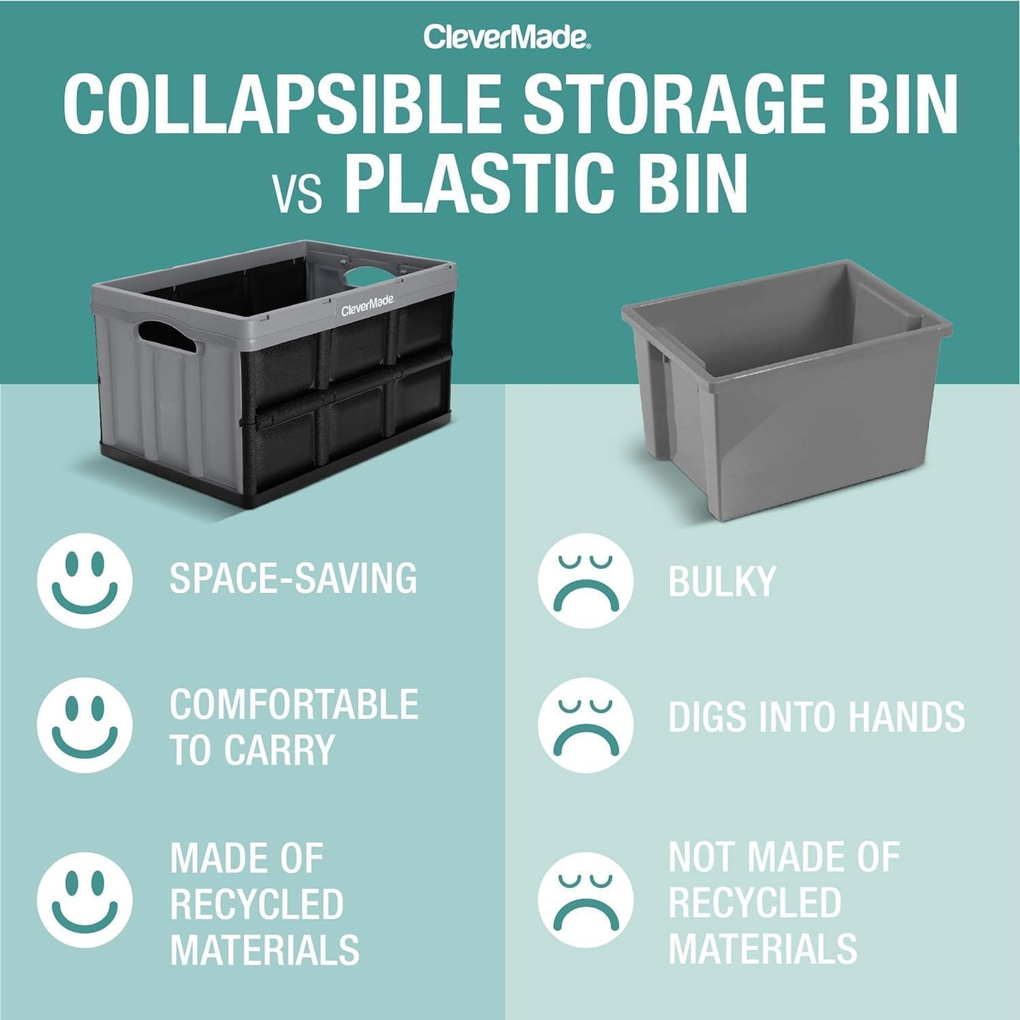 CleverMade Collapsible Storage Bins - Ocean 3 Pack 32L / 8 Gal holds 66 lbs - Stackable Containers Heavy Duty Capacity Folding Crates Space-Saving